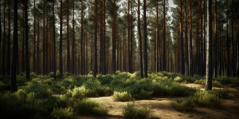 Woodland meadow landscape. Evergreen, deep forest with sunlight. Summer nature background, wallpaper. Generative ai