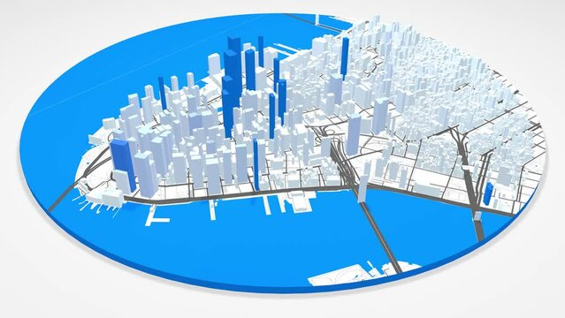 3d model New York map background loop. Spinning around United States city air footage. Seamless panorama rotating over downtown backdrop.