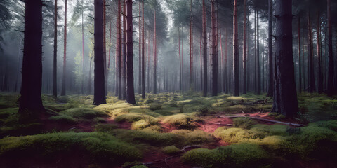 Woodland meadow landscape. Evergreen, deep forest with sunlight. Summer nature background, wallpaper. Generative ai - obrazy, fototapety, plakaty