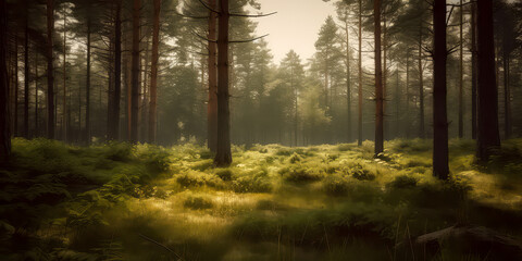 Woodland meadow landscape. Evergreen, deep forest with sunlight. Summer nature background, wallpaper. Generative ai