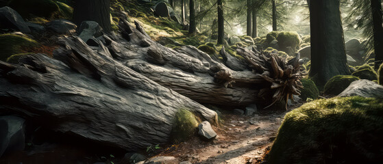 Obraz premium Woodland meadow landscape. Evergreen, deep forest with sunlight. Summer nature background, wallpaper. Generative ai