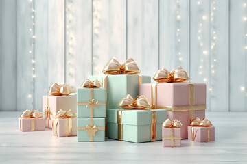 Mint and pink gift boxes with golden bows on white wooden background. Generative AI