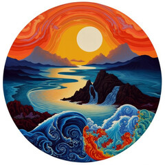 Yin yang design with mountains and sea or river. Concept of duality. Watercolor tattoo or logo project. Ai illustration, fantasy digital painting, Generative AI
