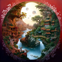 Fototapeta premium Variation on the yin yang theme with town and nature. Perfect harmony. Ai illustration, fantasy digital painting, Generative AI