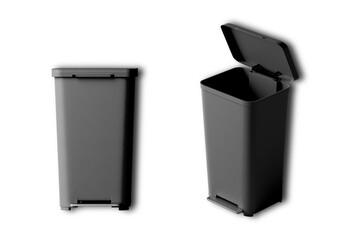 Blank black outdoor trash can with pedal and swivel top lid mockup isolated on white background. 3d rendering.