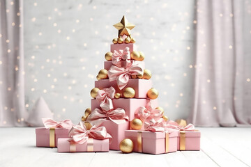 Pink gift boxes with pink bows on the background of bokeh effect. Generative AI