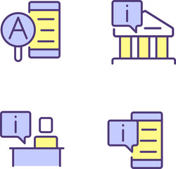 Obraz premium Types of informational support pixel perfect RGB color icons set. Current data. Online and offline services. Isolated vector illustrations. Simple filled line drawings collection. Editable stroke