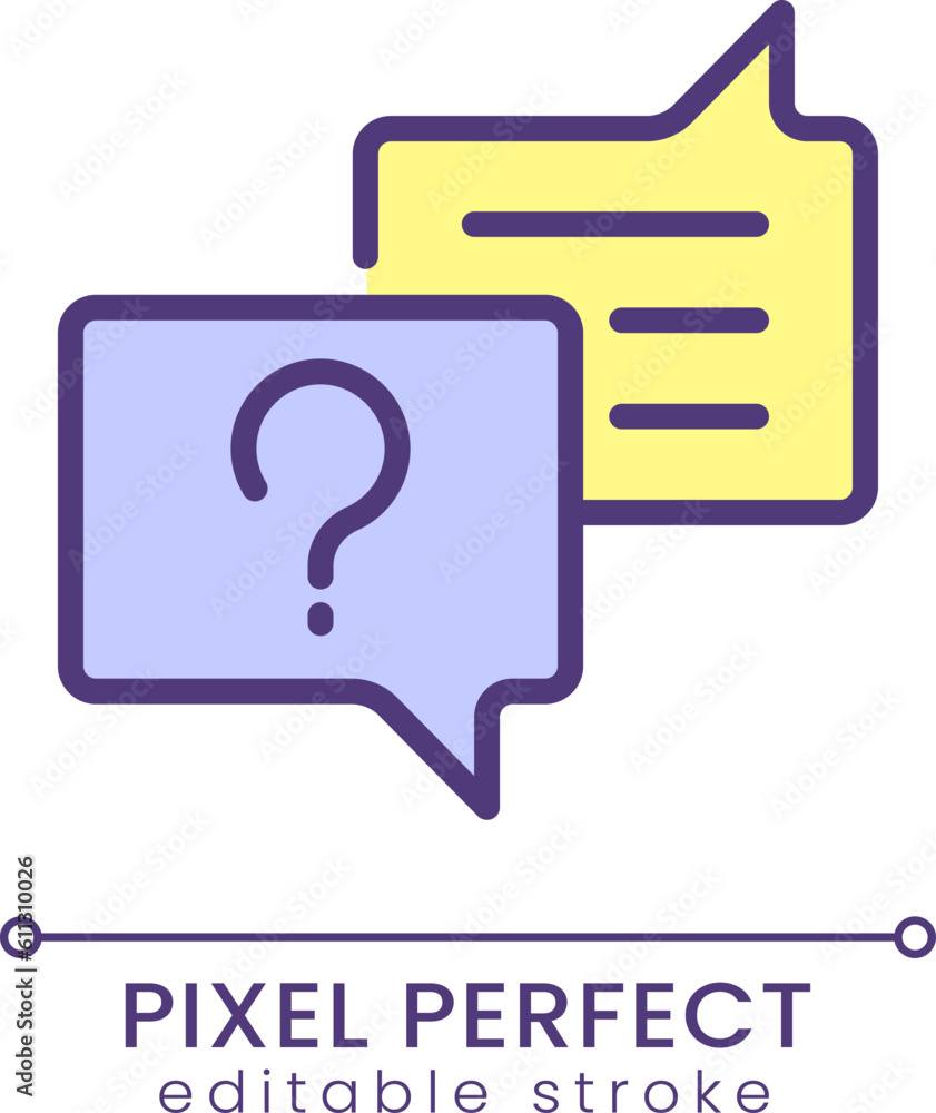 Poster asking question pixel perfect rgb color icon. chat of information support service. get answers. isol