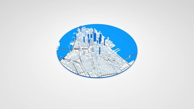 3d model New York map zoom background loop. Spinning around United States city air footage. Seamless panorama rotating over downtown backdrop.