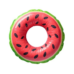 Top view of a plastic inflatable float with a watermelon design on cutout PNG transparent background. Generative AI - obrazy, fototapety, plakaty