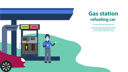 Gas station, Petrol station, refueling car petrol service staff cartoon character. Fuel station business Illustration with Text Space. service man for refuel car 