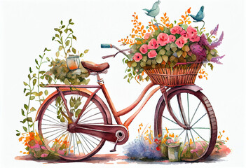 Naklejka na ściany i meble Watercolor painting of a bicycle full of flowers. Generative AI.