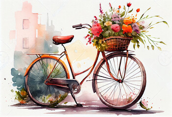 Fototapeta na wymiar Watercolor painting of a bicycle full of flowers. Generative AI.