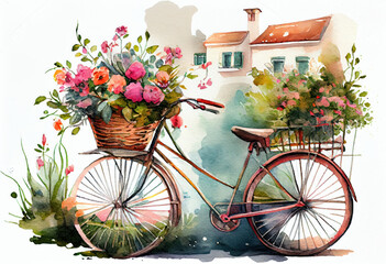 Obraz na płótnie Canvas Watercolor painting of a bicycle full of flowers. Generative AI.