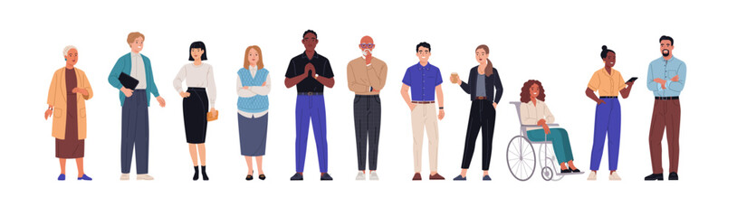 Business team. Vector illustration of diverse cartoon men and women of various ethnicities, ages, and body types in office outfits. Isolated on white.