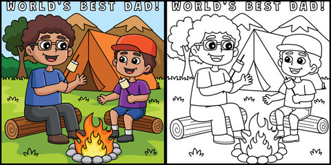 Father and Son Camping Coloring Page Illustration