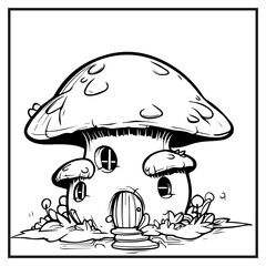 Mushroom Hause Coloring Book Page Cartoon Ilustration