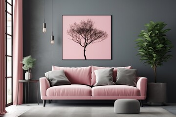 Poster Grey Wall in Living Room with Pink. Generative AI