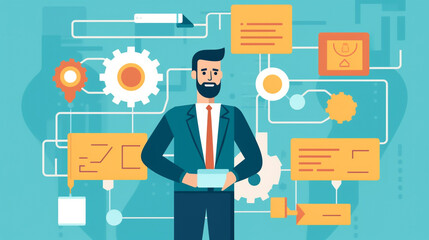 Business process and workflow automation with flowchart, businessman in background, Generative AI