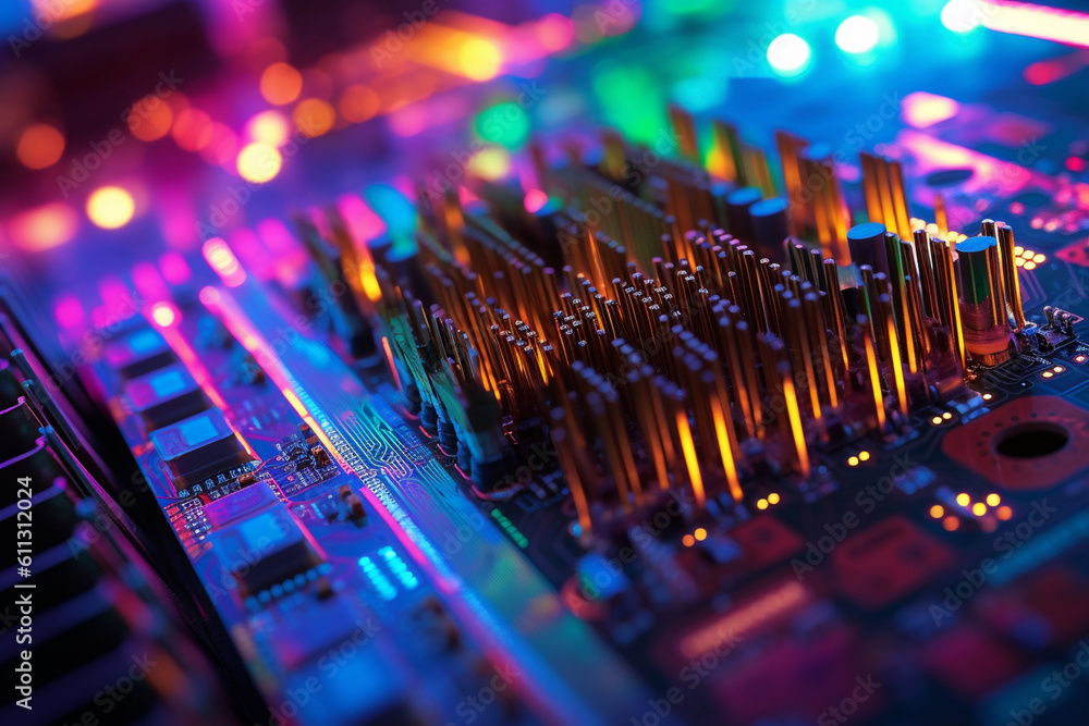 Poster a close-up of a computer motherboard with colorful led lights, computer technology, it technology ge
