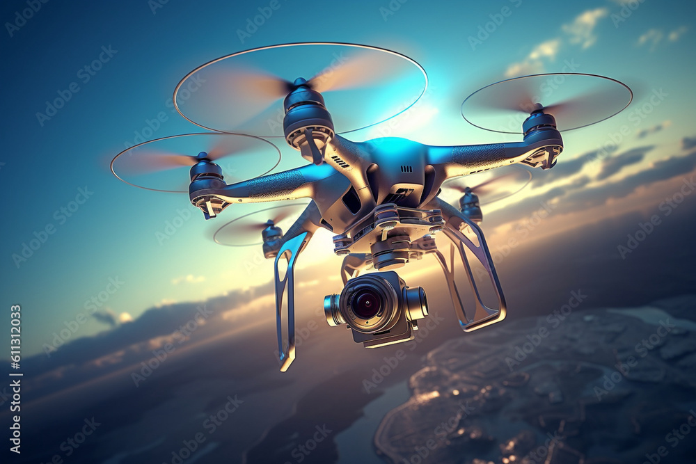 Poster a drone hovering in the sky capturing aerial footage, computer technology, it technology generative 