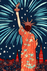 statue of liberty with flag, fireworks and statue of liberty, 4th of July Poster, Red White & Blue, Patriotic, Labor Day, Independence Day, Stars and Stripes, Greeting Card, Poster Art, Generative AI