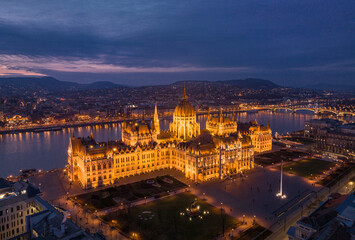 Fototapeta na wymiar Budapest Night Skyline Revealed Hungarian Parliament Building and Danube River from a Drone Point of View