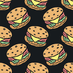 Seamless burger pattern. Drawn hamburger background. Doodle vector hamburger illustration