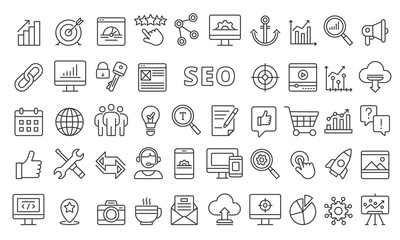 Set of SEO icons in line design black. Search engine optimization, SEO techniques, Keyword research, On-page optimization, SEO analytics vector illustrations. icons isolated on while background