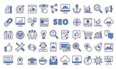 Set of SEO icons in line design blue. Search engine optimization, SEO techniques, Keyword research, On-page optimization, SEO analytics vector illustrations. icons isolated on while background