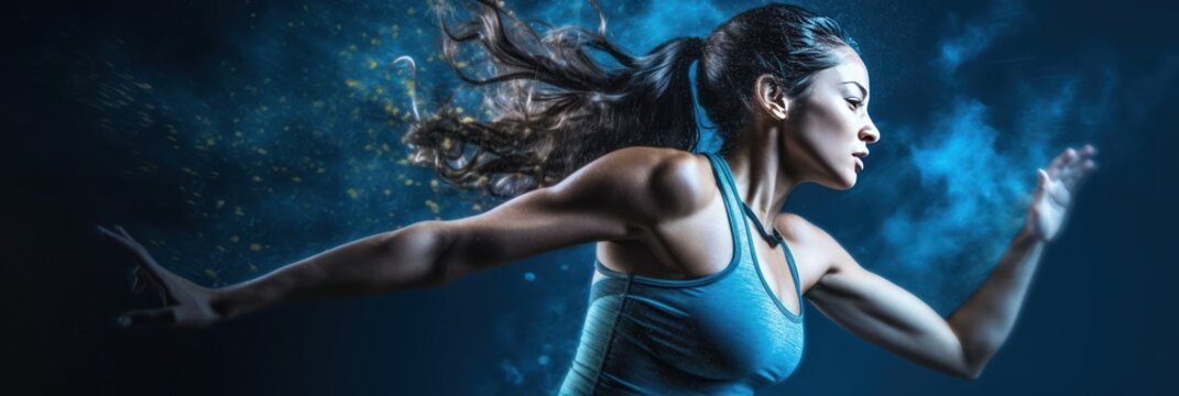 Torso of a fast running woman against a foggy blue background, banner (Generative AI, Generativ, KI)