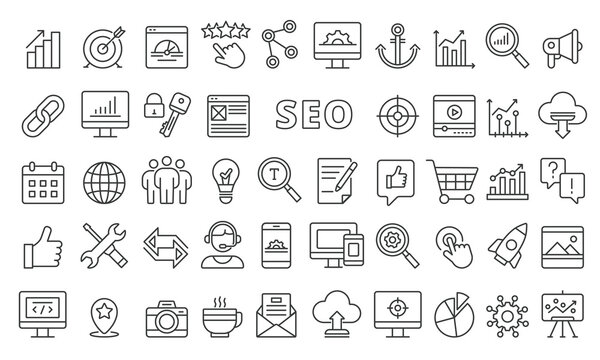 Set of SEO icons in line design black. Search engine optimization, SEO techniques, Keyword research, On-page optimization, SEO analytics vector illustrations. icons isolated on while background