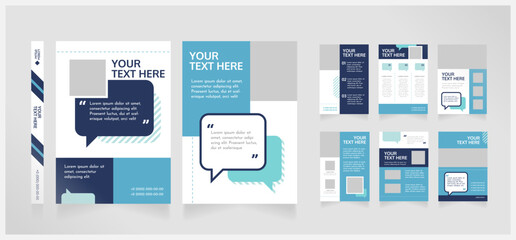 Communication in team guide blank brochure design. Template set with copy space for text. Premade corporate reports collection. Editable 8 paper pages. Josefin Sans Thin, Oxygen Bold fonts used