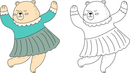 bear dancing character childrens coloring book, isolated vector