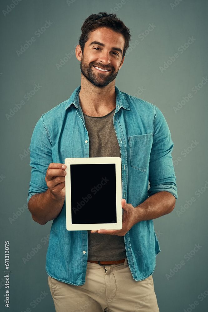 Poster happy man, tablet and portrait with mockup screen for advertising or marketing against grey studio b