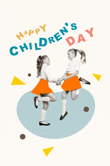 Collage artwork graphics picture of happy smiling girlfriends celebrating children day together isolated painting background