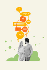 Collage artwork graphics picture of happy lady guy walking communicating isolated painting background