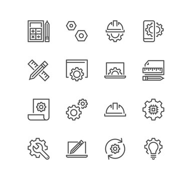 Set of engineering related icons, manufacturing, engineer, production, settings and linear variety symbols.
