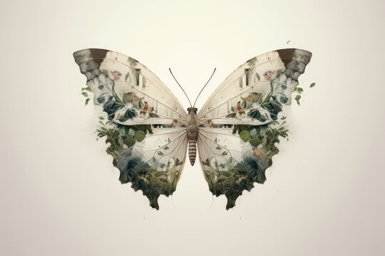 Forest In A Butterfly Double Exposure Illustration - Generative AI.