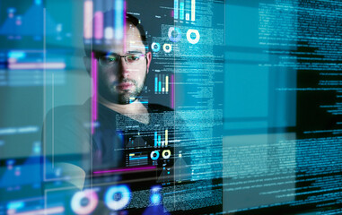 Focus, programming man with hologram, code and futuristic with cyber security, digital software and...