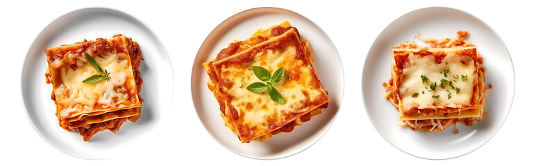 Tasty hot Lasagna served with a basil leaf on white bowl, top view with transparent background, Generative AI Technology