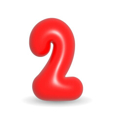 Lustrous, colorful and gleaming red balloon digit Two. 3d realistic design illustration isolated on white background. For Events, Anniversary, Birthday cake.