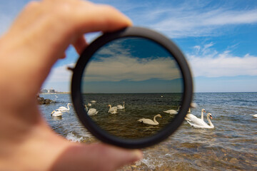 Neutral filter for the camera in the male hand, view on a sea