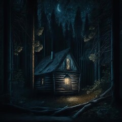 Mystic cabin it the forest. Halloween night. Generative AI.