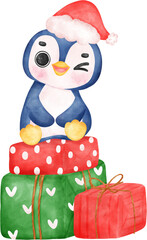 Cute adorable baby joyful penguin sits on christmas present gift box cartoon character watercolor hand drawing 