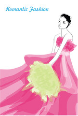 A girl in an evening or wedding dress, with a bouquet in her hands. Stylish fashion models. Pretty young girls. Fashion woman Sketch.