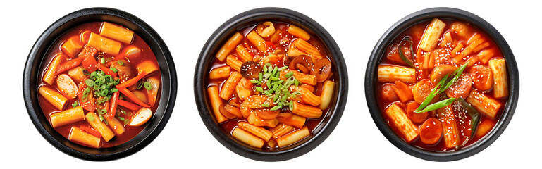 Tokbokki korean traditional food on black bowl, top view with transparent background, Generative AI Technology