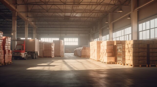 A large, clean warehouse with truck filled with numerous boxes and items, dedicated to logistics and e-commerce, bathed in the warm afternoon light. Ai generative
