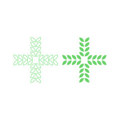 Green Pharmacy Cross created from Green Leaves Sign Symbol Logo