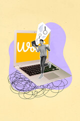 Creative collage illustration of young seo information researcher marketing job man netbook data...